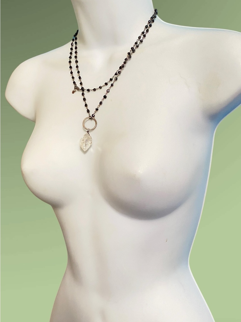 DEB GUYOT Black Glass Beads Faceted Rough Cut Quartz Crystal Long Necklace .925